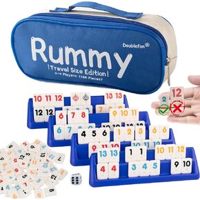 Doublefan Rummy Set,Travel Size Rummy Game with Durable Canvas Bag, Classical Rummy Game for Adult and Kids,106 Tiles, 4 Playing Rack, 1 Dice (2-4 Players)