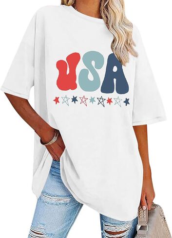 American Flag T Shirt Women 4th of July Oversized Shirts USA Stars Patriotic Short Sleeve Loose Fit Tops in Kuwait