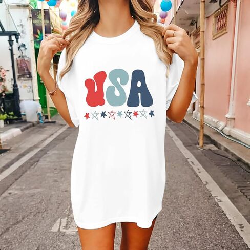 American Flag T Shirt Women 4th of July Oversized Shirts USA Stars Patriotic Short Sleeve Loose Fit Tops in Kuwait
