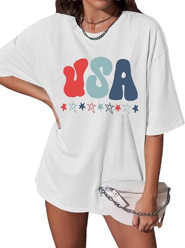 American Flag T Shirt Women 4th of July Oversized Shirts USA Stars Patriotic Short Sleeve Loose Fit Tops in Kuwait