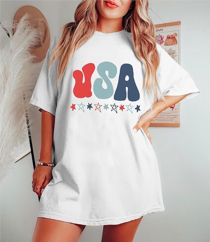 American Flag T Shirt Women 4th of July Oversized Shirts USA Stars Patriotic Short Sleeve Loose Fit Tops in Kuwait