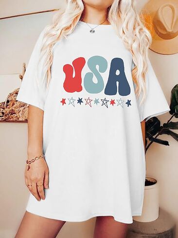 American Flag T Shirt Women 4th of July Oversized Shirts USA Stars Patriotic Short Sleeve Loose Fit Tops in Kuwait