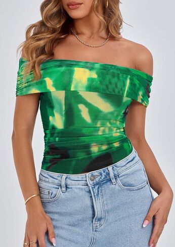 Prettygarden Summer Tops for Women 2025 قبالة الكتف القصيرة الأكمام القصيرة القمصان النحيفة. in Saudi Arabia