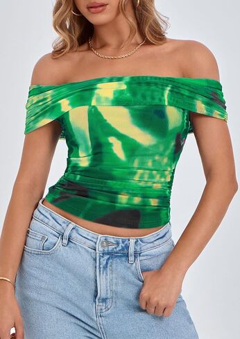 Prettygarden Summer Tops for Women 2025 قبالة الكتف القصيرة الأكمام القصيرة القمصان النحيفة. in Saudi Arabia