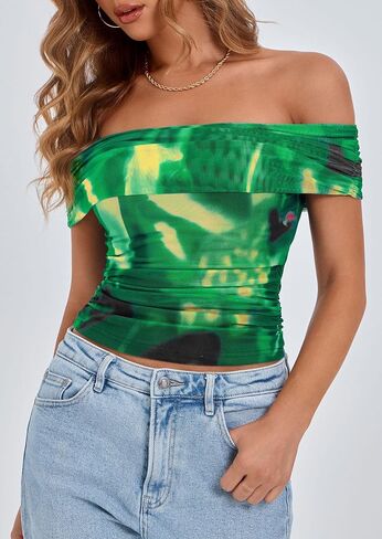 Prettygarden Summer Tops for Women 2025 قبالة الكتف القصيرة الأكمام القصيرة القمصان النحيفة. in Saudi Arabia