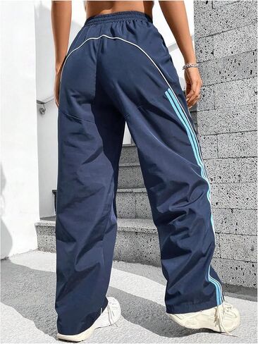 Women's Side Striped Parachute Pants Wide Leg High Elastic Waist Sweatpants with Pockets in Saudi Arabia