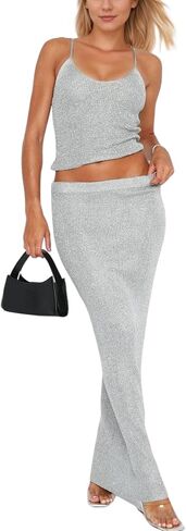 LOFAAC Women Sexy 2 Piece Outfits Y2K Sequin Glitter Knit Scoop Neck Crop Camisole Sparkly Long Maxi Shinning Skirt Set in Saudi Arabia