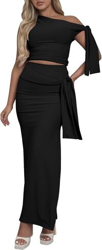 Two Piece Skirt Set for Women - Sexy 2 Pc Outfits Sleeveless One Shoulder Crop Top Maxi Long Bodycon Skirts Sets in Kuwait