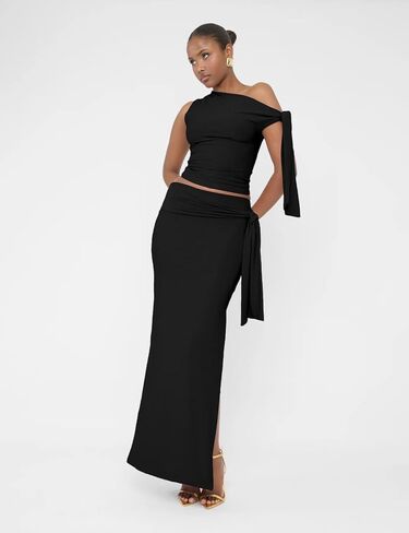Two Piece Skirt Set for Women - Sexy 2 Pc Outfits Sleeveless One Shoulder Crop Top Maxi Long Bodycon Skirts Sets in Kuwait