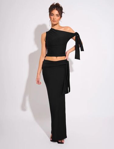 Two Piece Skirt Set for Women - Sexy 2 Pc Outfits Sleeveless One Shoulder Crop Top Maxi Long Bodycon Skirts Sets in Kuwait