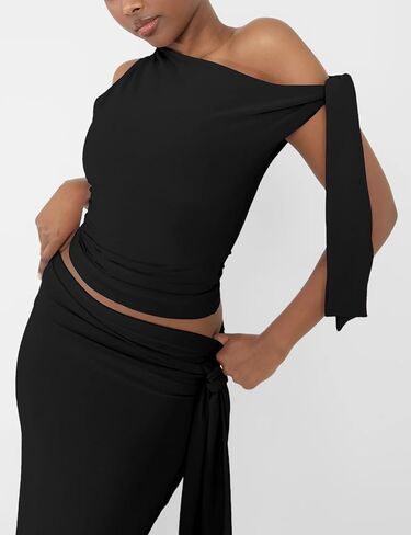 Two Piece Skirt Set for Women - Sexy 2 Pc Outfits Sleeveless One Shoulder Crop Top Maxi Long Bodycon Skirts Sets in Kuwait