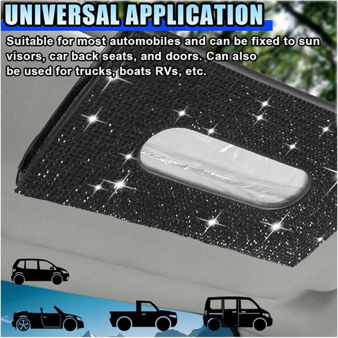 Bling Car Sun Visor Tissue Box Holder, PU Leather Auto Paper Towel Cover, Glitter Crystal Rhinestone Napkin Holder, Car Decoration Accessories for Women (Black) in Saudi Arabia