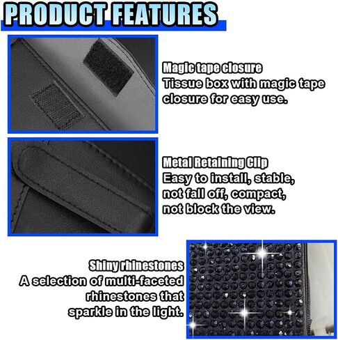 Bling Car Sun Visor Tissue Box Holder, PU Leather Auto Paper Towel Cover, Glitter Crystal Rhinestone Napkin Holder, Car Decoration Accessories for Women (Black) in Saudi Arabia