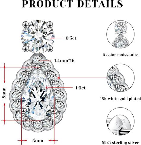Silver Moissanite Stud Earrings for Men/Women 0.6-4CT Hypoallergenic Earrings 925 Sterling Silver Lab Created Diamond Round Stud Earrings in Kuwait