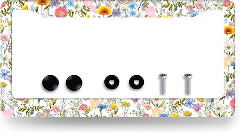 Colorful Flowers License Plate Frame Folk Floral License Plate Decoration Stainless Steel Personalise Flower License Plate Holder Women Cars Accessory with Screws 12x6 Inch in Kuwait