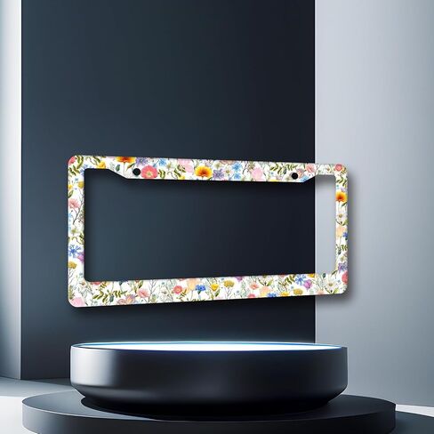 Colorful Flowers License Plate Frame Folk Floral License Plate Decoration Stainless Steel Personalise Flower License Plate Holder Women Cars Accessory with Screws 12x6 Inch in Kuwait