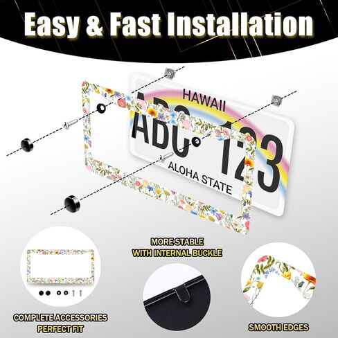 Colorful Flowers License Plate Frame Folk Floral License Plate Decoration Stainless Steel Personalise Flower License Plate Holder Women Cars Accessory with Screws 12x6 Inch in Kuwait