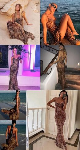 ANKOMINA Women's Leopard Mesh Sheer Spaghetti Strap Long Maxi Dress Sexy Backless Beach Swimsuit Cover Ups Party Club Dresses in Saudi Arabia