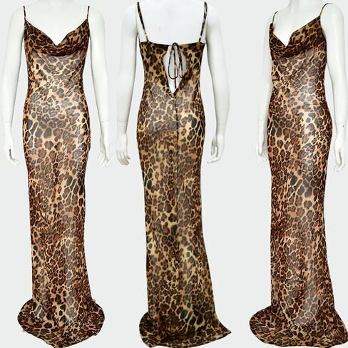 ANKOMINA Women's Leopard Mesh Sheer Spaghetti Strap Long Maxi Dress Sexy Backless Beach Swimsuit Cover Ups Party Club Dresses in Saudi Arabia