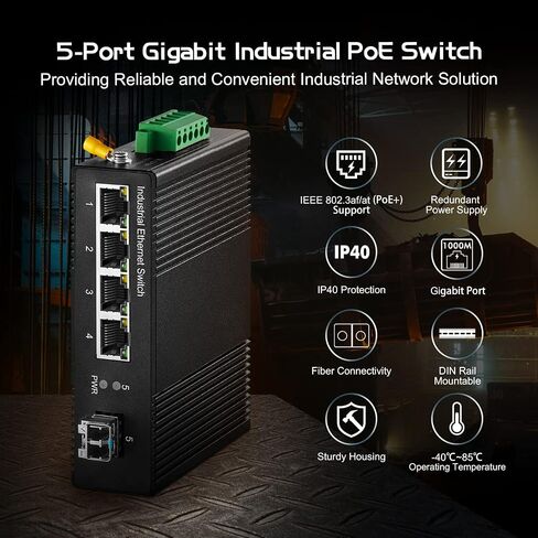 محول إيثرنت صناعي Binardat 5 Port PoE Din Rail، 4 PoE IEEE802.3af/at، وصلة واحدة، 10/100 ميجابت في الثانية، حامل حائط بدون مروحة، مع مصدر طاقة PoE بقدرة 60 وات in Saudi Arabia