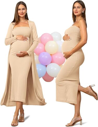 Rnxrbb 2 PCS Tube Baby Shower Maternity Dress Cardigan Set Bodycon Long | Soft stretch fabric with mix-and-match styling for summer to winter, gender reveals & special occasions in Saudi Arabia