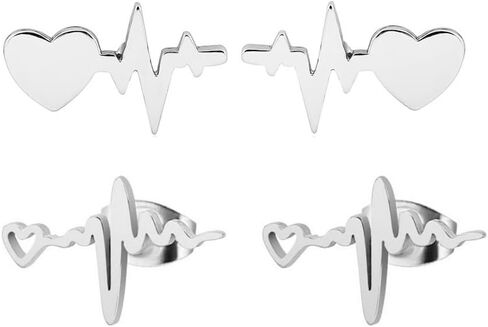 2Pairs Nurses' Day Gift Earrings Stainless Steel Heartbeat EKG Stud Earrings Mini Love Heart for Nurses Doctors in Saudi Arabia