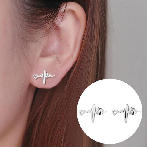 2Pairs Nurses' Day Gift Earrings Stainless Steel Heartbeat EKG Stud Earrings Mini Love Heart for Nurses Doctors in Saudi Arabia
