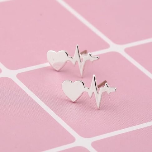 2Pairs Nurses' Day Gift Earrings Stainless Steel Heartbeat EKG Stud Earrings Mini Love Heart for Nurses Doctors in Saudi Arabia