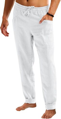 Runcati Mens Casual Pants Elastic Waist Drawstring Cotton Linen Pants Yoga Beach Summer Lightweight Trousers in Kuwait
