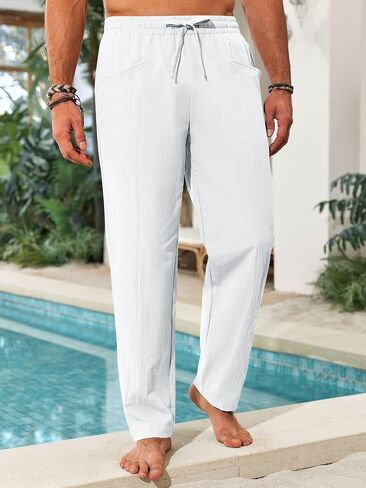 Runcati Mens Casual Pants Elastic Waist Drawstring Cotton Linen Pants Yoga Beach Summer Lightweight Trousers in Kuwait