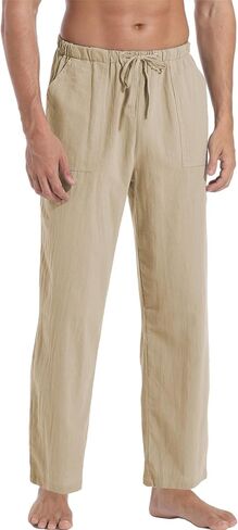 AITFINEISM Men's Casual Cotton Linen Pants Elastic Waist Lightweight Drawstring Summer Pants in Saudi Arabia