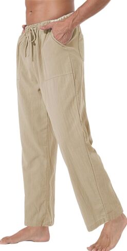 AITFINEISM Men's Casual Cotton Linen Pants Elastic Waist Lightweight Drawstring Summer Pants in Saudi Arabia