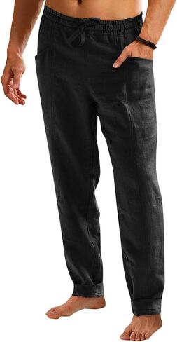 Runcati Mens Casual Pants Elastic Waist Drawstring Cotton Linen Pants Yoga Beach Summer Lightweight Trousers in Kuwait