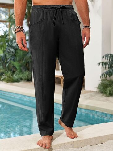 Runcati Mens Casual Pants Elastic Waist Drawstring Cotton Linen Pants Yoga Beach Summer Lightweight Trousers in Kuwait