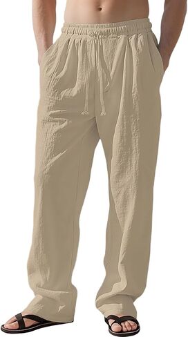 Men's Casual Linen Pants Loose Fit Drawstring Waist Lightweight Linen Trousers Summer Yoga Beach Long Pants in Kuwait
