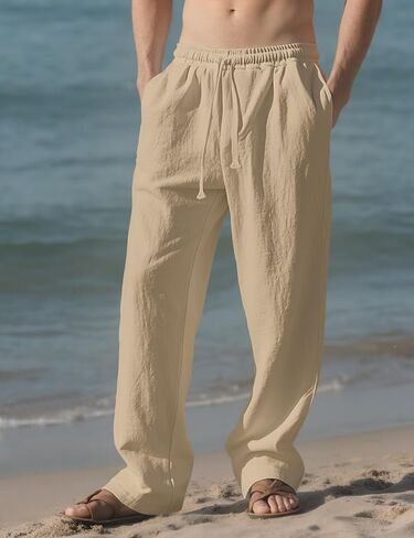 Men's Casual Linen Pants Loose Fit Drawstring Waist Lightweight Linen Trousers Summer Yoga Beach Long Pants in Kuwait