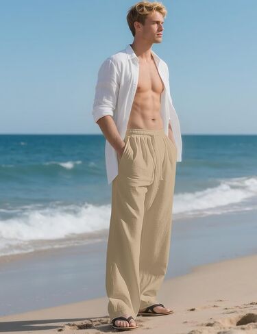 Men's Casual Linen Pants Loose Fit Drawstring Waist Lightweight Linen Trousers Summer Yoga Beach Long Pants in Kuwait