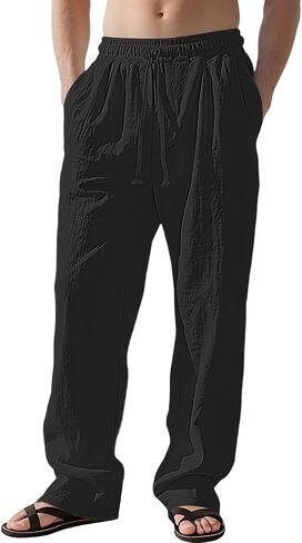 Men's Casual Linen Pants Loose Fit Drawstring Waist Lightweight Linen Trousers Summer Yoga Beach Long Pants in Kuwait