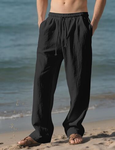 Men's Casual Linen Pants Loose Fit Drawstring Waist Lightweight Linen Trousers Summer Yoga Beach Long Pants in Kuwait