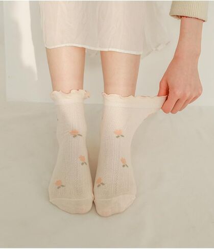 5 Pair Cute Ankle Socks for Women Coquette Bow Print Ruffle Frilly Cotton Socks Lace Trim Breathable Summer Socks in Kuwait