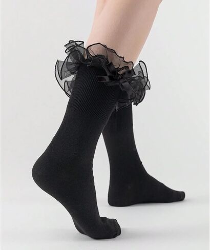 نساء جوارب الكاحل الكشكش الكبيرة جوارب دانتيل دانتيل فستان مزدوج مع القوس طاقم لطيف بدوره 80s خيالي بوبي جورب جورب in Kuwait