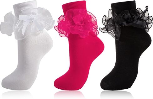 نساء جوارب الكاحل الكشكش الكبيرة جوارب دانتيل دانتيل فستان مزدوج مع القوس طاقم لطيف بدوره 80s خيالي بوبي جورب جورب in Kuwait