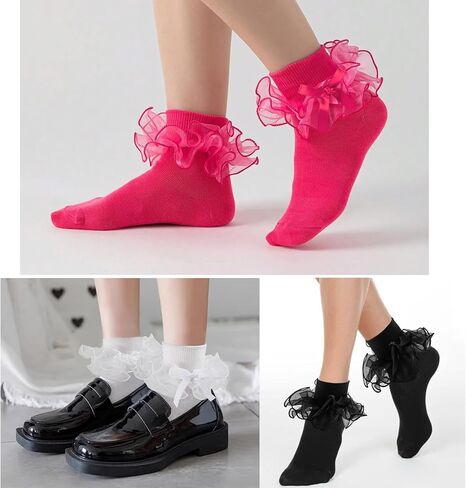 نساء جوارب الكاحل الكشكش الكبيرة جوارب دانتيل دانتيل فستان مزدوج مع القوس طاقم لطيف بدوره 80s خيالي بوبي جورب جورب in Kuwait