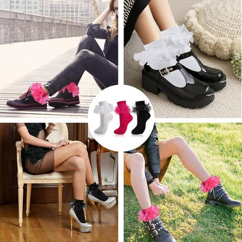 نساء جوارب الكاحل الكشكش الكبيرة جوارب دانتيل دانتيل فستان مزدوج مع القوس طاقم لطيف بدوره 80s خيالي بوبي جورب جورب in Kuwait