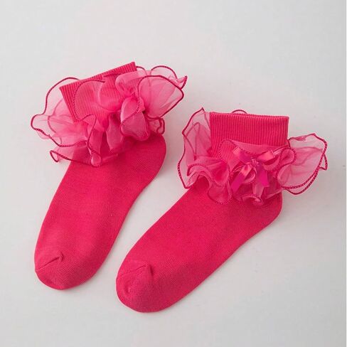 نساء جوارب الكاحل الكشكش الكبيرة جوارب دانتيل دانتيل فستان مزدوج مع القوس طاقم لطيف بدوره 80s خيالي بوبي جورب جورب in Kuwait