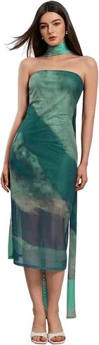 SweatyRocks Women's Ombre Sheer Mesh Tube Dress Strapless Sleeveless Midi Dresses with Neck Scarf in Saudi Arabia