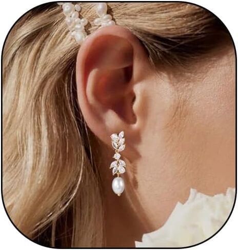 Pearl Drop Earrings for women, Dainty Bride Earrings for Wedding, Lightweight Hypoallergenic Pearl and Diamond Earring Fashion Jewelry Gift in Saudi Arabia