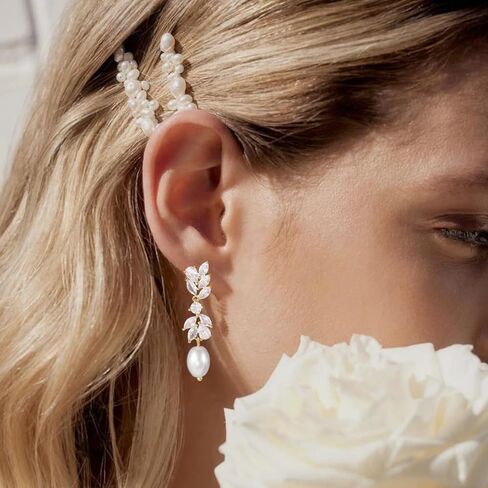 Pearl Drop Earrings for women, Dainty Bride Earrings for Wedding, Lightweight Hypoallergenic Pearl and Diamond Earring Fashion Jewelry Gift in Saudi Arabia
