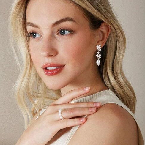 Pearl Drop Earrings for women, Dainty Bride Earrings for Wedding, Lightweight Hypoallergenic Pearl and Diamond Earring Fashion Jewelry Gift in Saudi Arabia