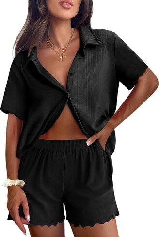 Ekouaer Womens مضلعة صالة متماسكة مجموعة قصيرة الأكمام زر أسفل أعلى وسروال شورت بيجاما مجموعة 2 قطعة ملابس النوم in Saudi Arabia